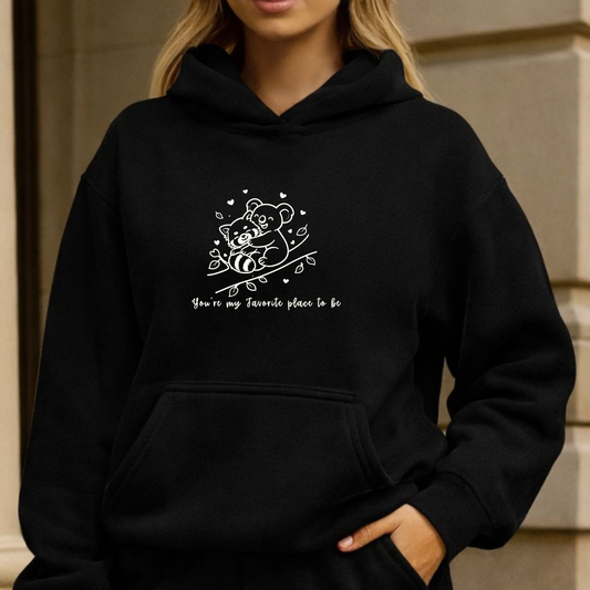 Black Hoodie with white "You're My Favorite Place to Be" text and cute Koala and Red Panda design for Valentine's Day gift