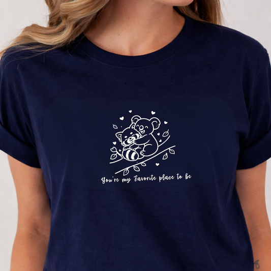 Dark Teal or Blue T-shirt with white "You're My Favorite Place to Be" text and cute Koala and Red Panda design for Valentine's Day gift