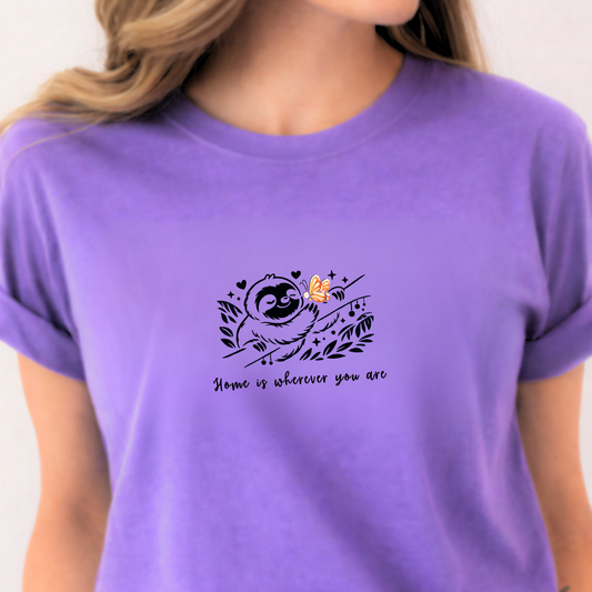 Lavender t-shirt with "Home is Wherever You Are" Sloth and Butterfly design - Valentine's Day gift