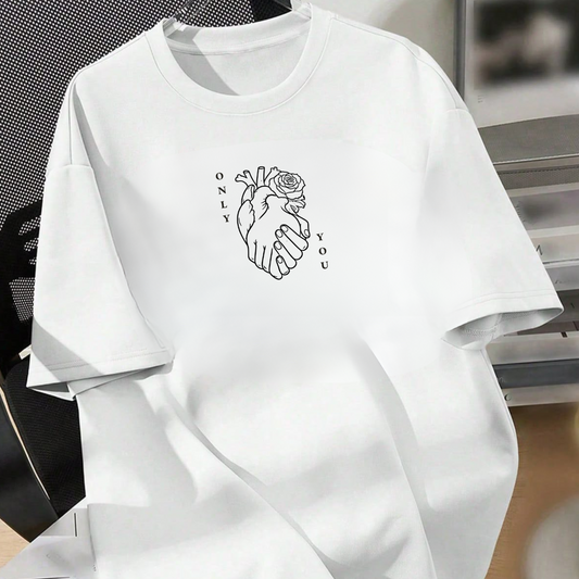 White Tshirt with "Only You" anatomical heart and rose design on left chest - Valentine's Day gift for him or her