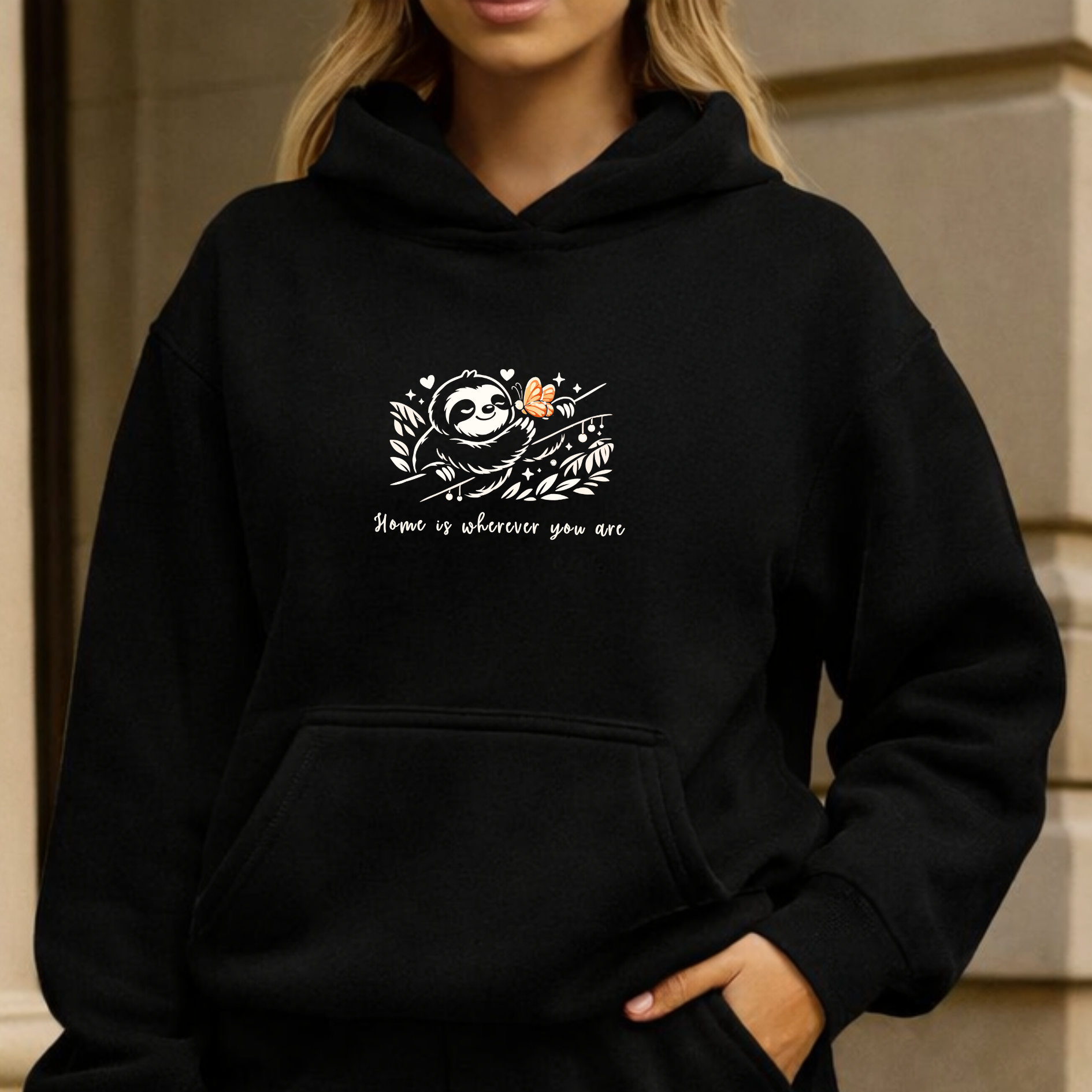 Black Hoodie with "Home is Wherever You Are" Sloth and Butterfly design - Valentine's Day gift
