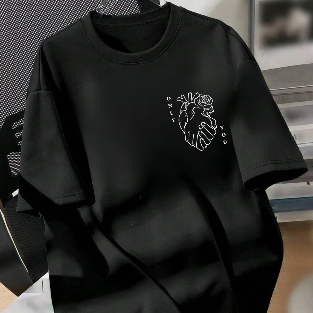 Black Tshirt with "Only You" anatomical heart and rose design on left chest - Valentine's Day gift for him or her