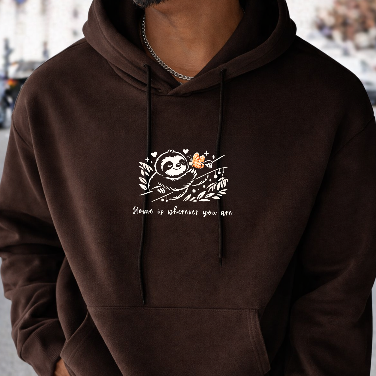 Brown Hoodie with "Home is Wherever You Are" Sloth and Butterfly design - Valentine's Day gift