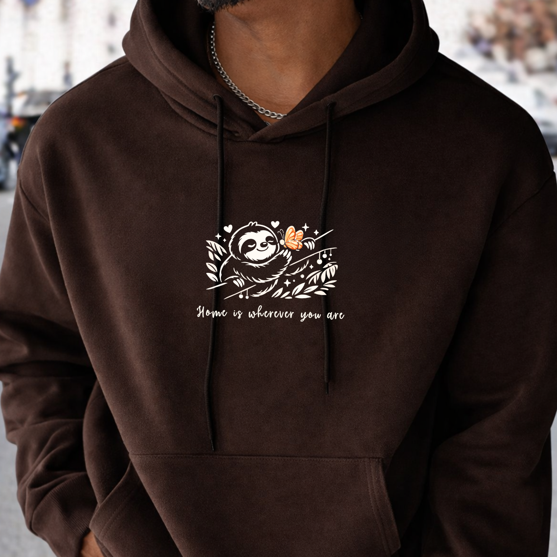 Brown Hoodie with "Home is Wherever You Are" Sloth and Butterfly design - Valentine's Day gift