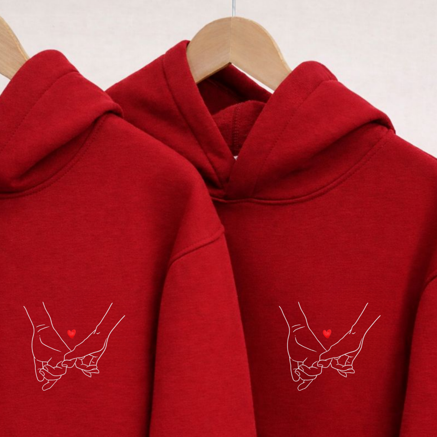 Matching Red couple's hoodie with "Still Choosing You Every Day" pinky promise heart design on left chest - Valentine's Day gift