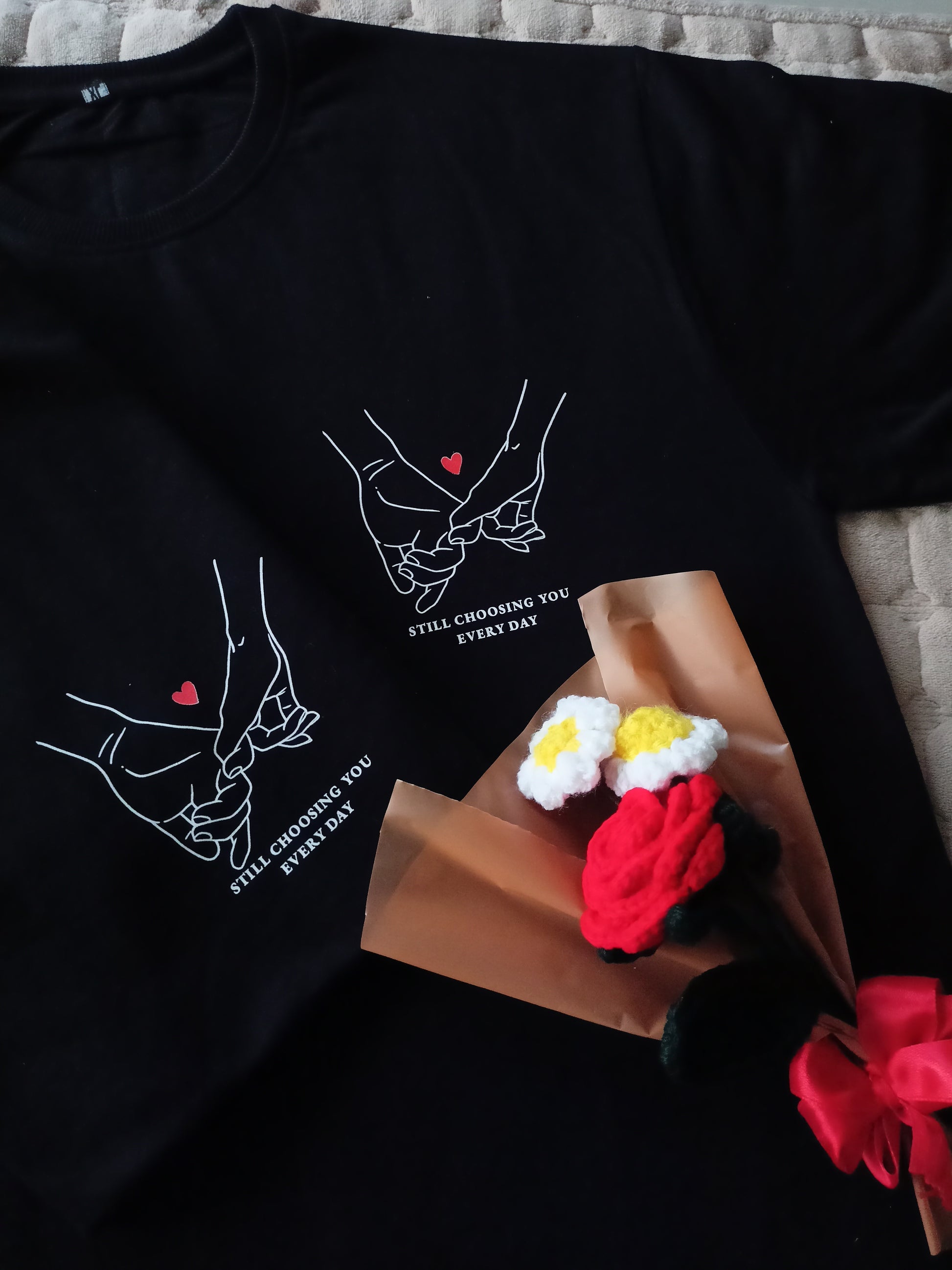 Matching couple's T-shirts with "Still Choosing You Every Day" pinky promise design and free handmade crochet rose bouquet - Valentine's Day gift set