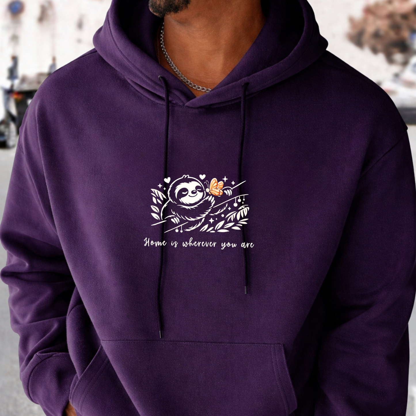 Purple Hoodie with "Home is Wherever You Are" Sloth and Butterfly design - Valentine's Day gift