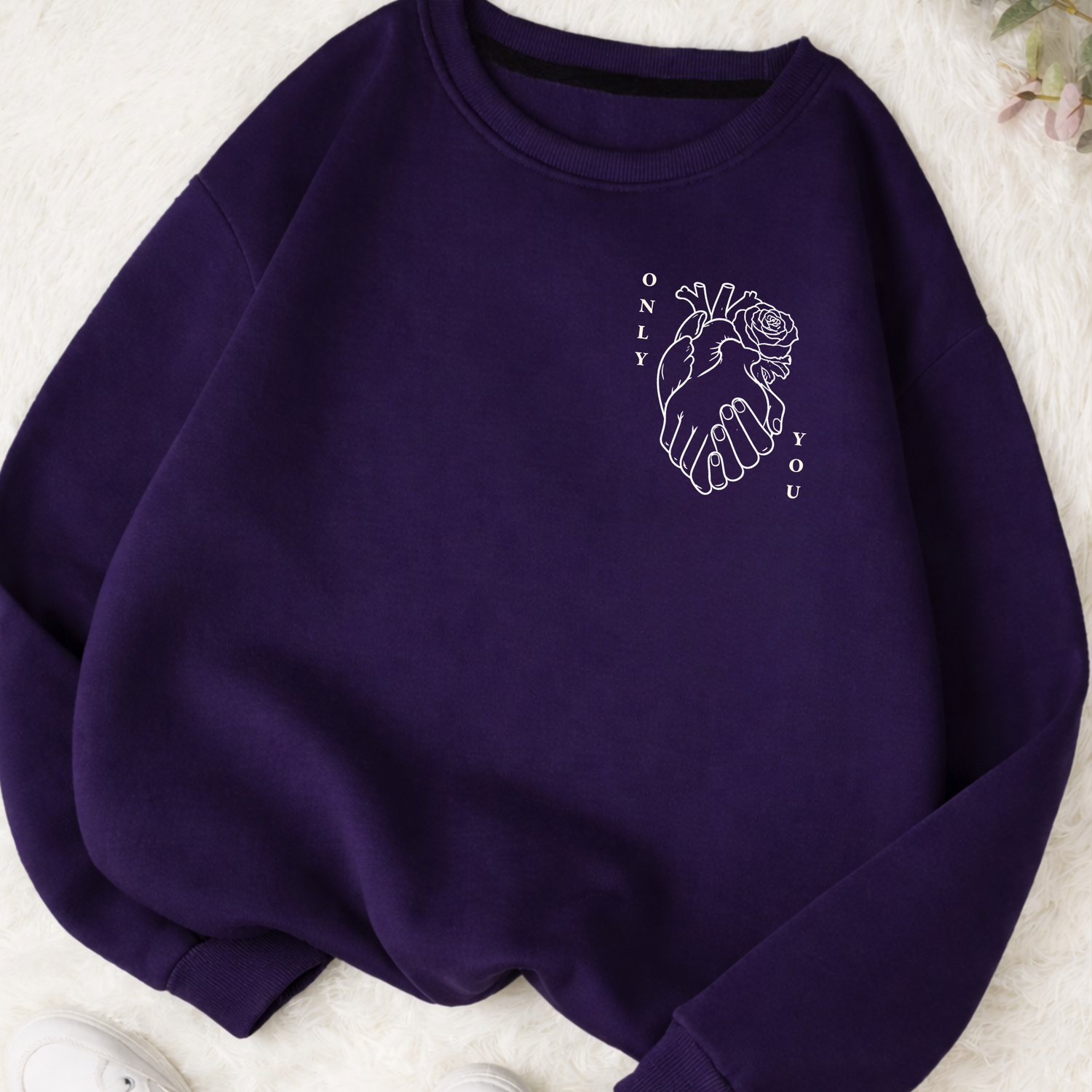 Purple Sweatshirt with "Only You" anatomical heart and rose design on left chest - Valentine's Day gift for him or her