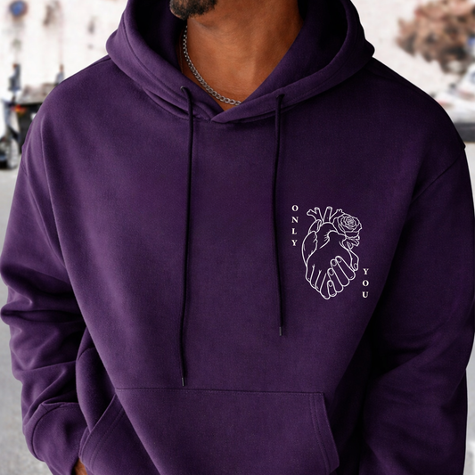 Purple hoodie with "Only You" anatomical heart and rose design on left chest - Valentine's Day gift for him or her