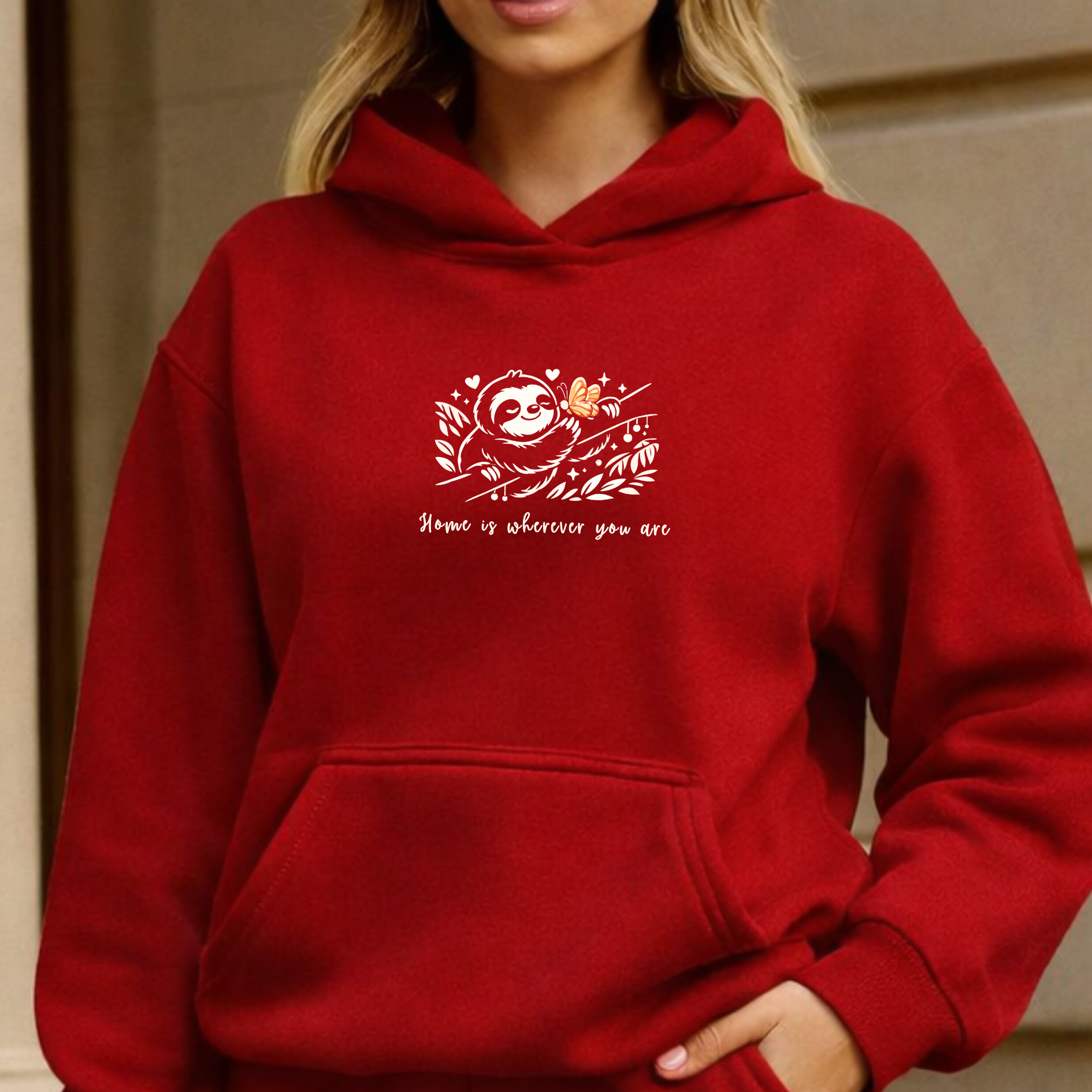 Red Hoodie with "Home is Wherever You Are" Sloth and Butterfly design - Valentine's Day gift