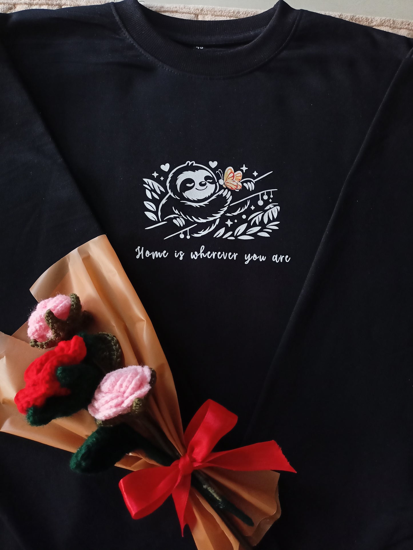 Tshirt with "Home is Wherever You Are" Sloth and Butterfly design - Valentine's Day gift