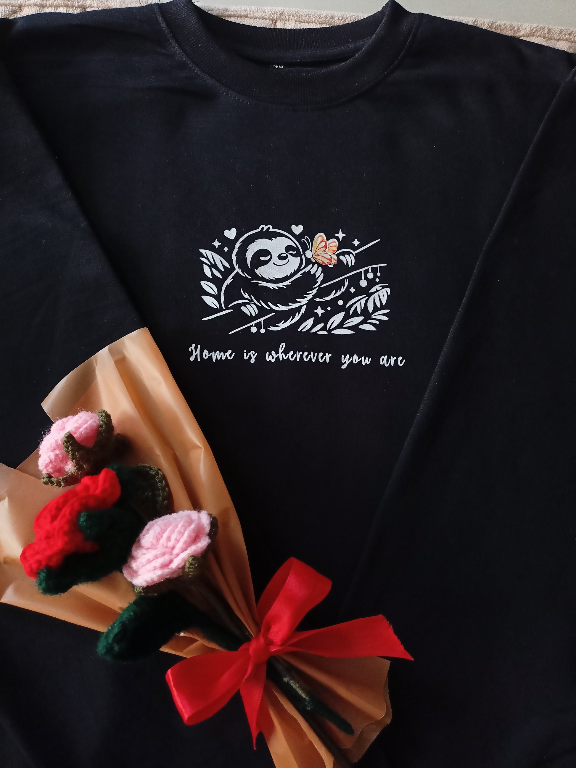 Tshirt with "Home is Wherever You Are" Sloth and Butterfly design - Valentine's Day gift