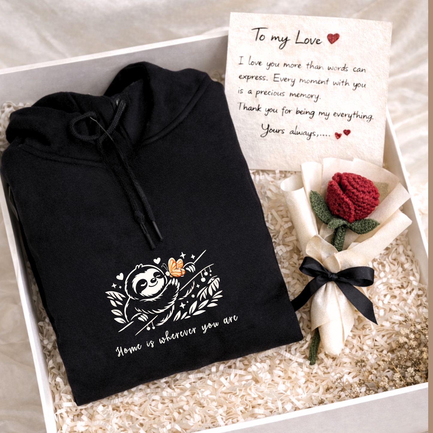 Valentine's Day gift box with "Home is wherever you are" T-shirt, Hoodie, Sweatshirt, handwritten love letter, and crochet rose bouquet