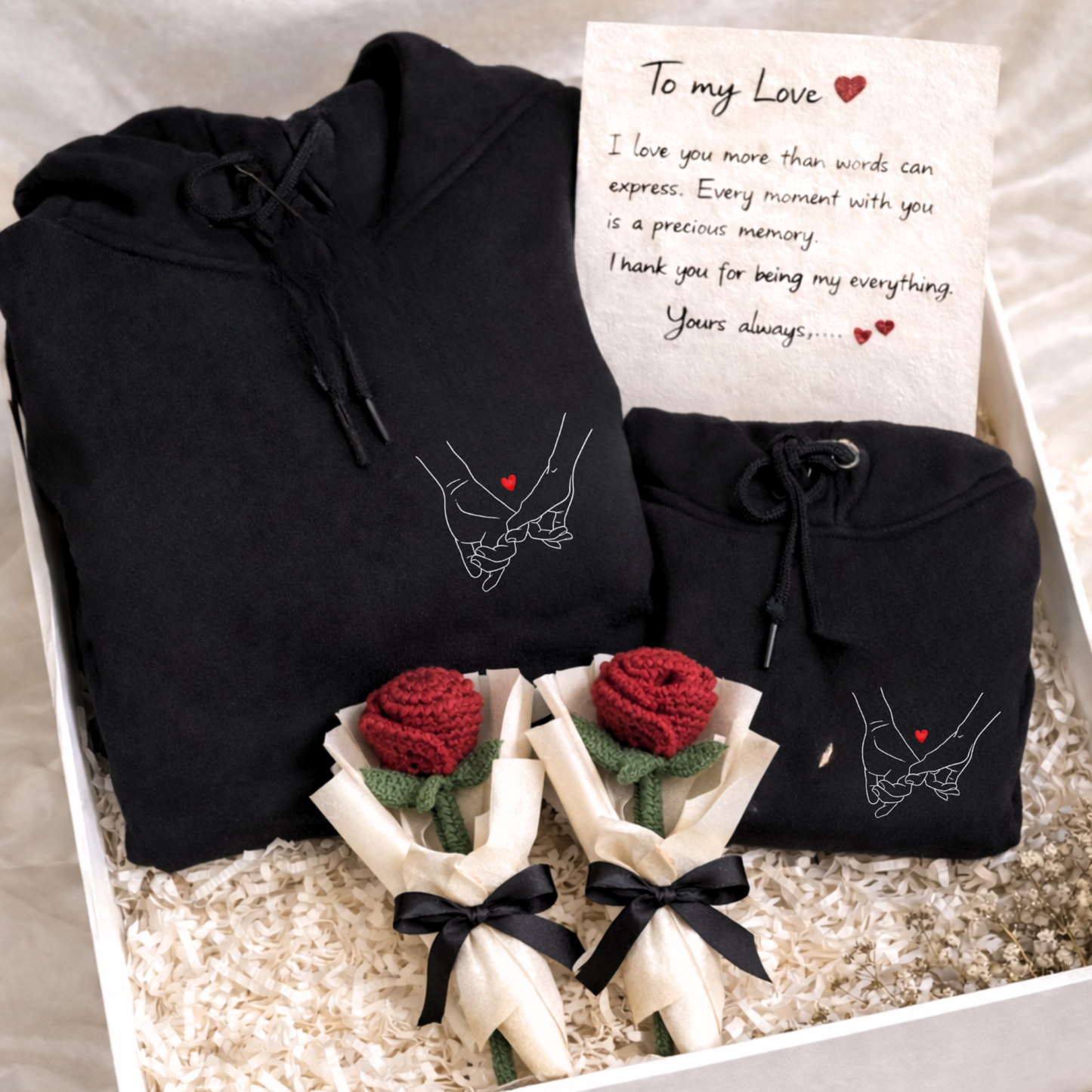 Valentine's Day gift box with "Still Choosing You Every Day" T-shirt, handwritten love letter, and crochet rose bouquet